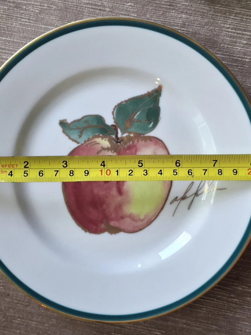 Crate&Barrel Fruit Motif Plates with Green and Gold Trim